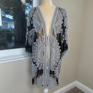 CHOA‎ Black White Lace Floral Crochet Kimono Cardigan Duster Cover Up One Size
